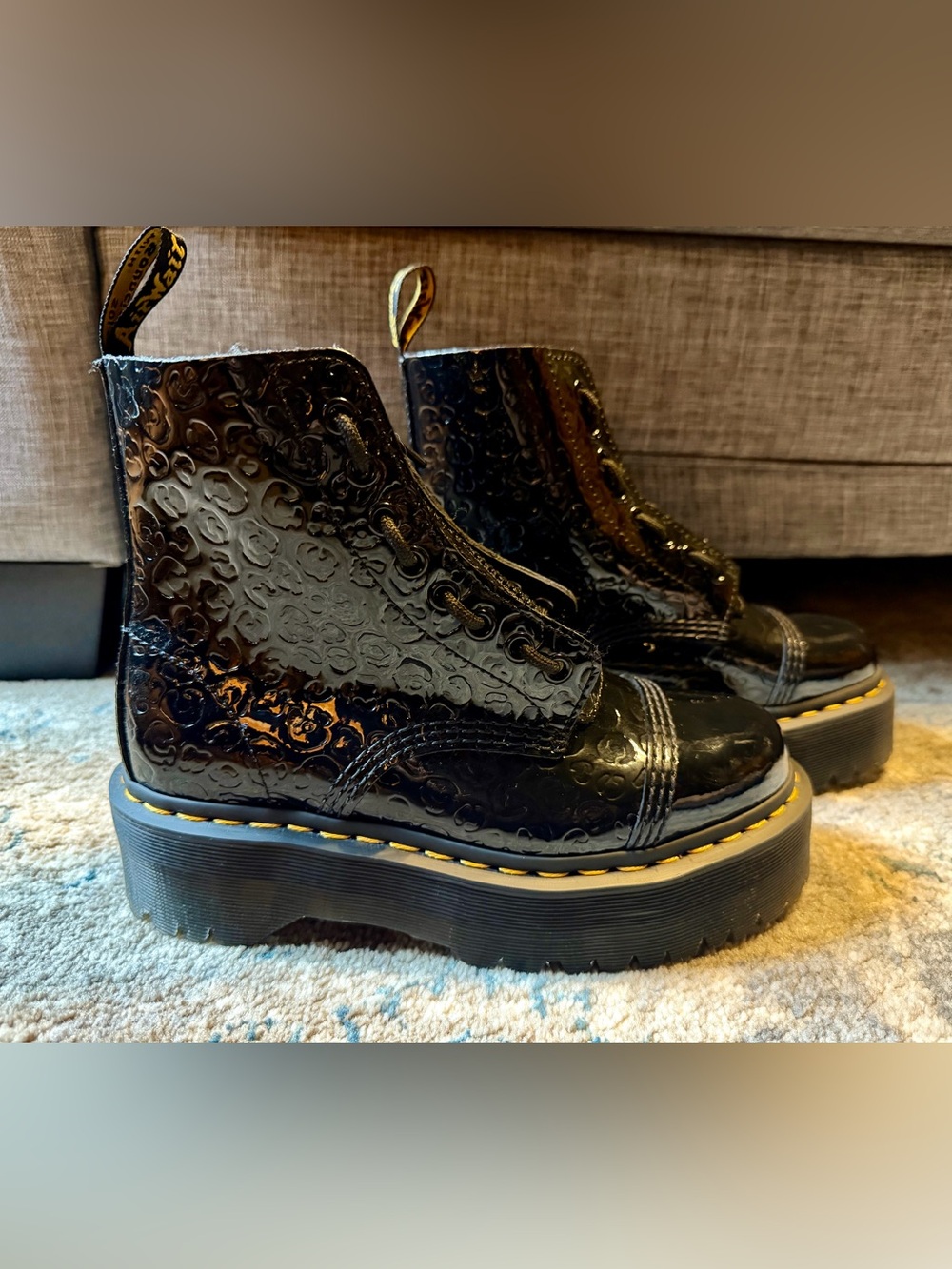 Dr. Martens Black Patent Embossed Platform Lace-Up Women’s Boots